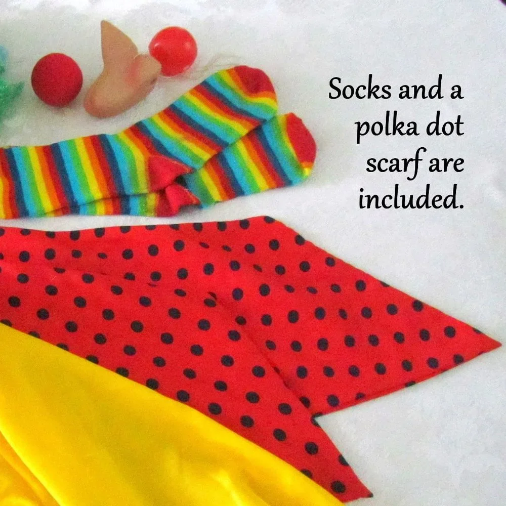 CLOWN COSTUME w WIG, KIDS M-L, RAINBOW CURLY WIG + NOSES, SCARF & SOCKS, FUN!